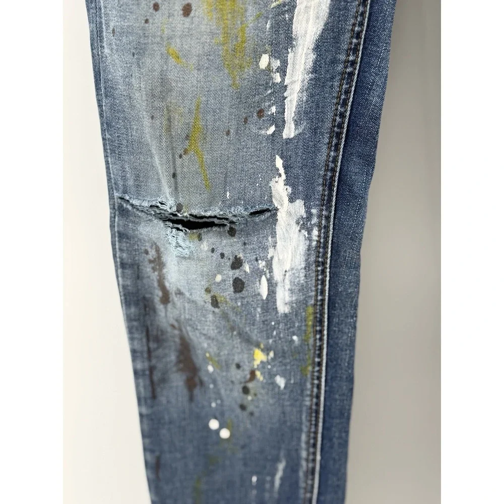 Demolition Kids Size 18 Blue Distressed Paint Splatter Skinny Jeans Streetwear